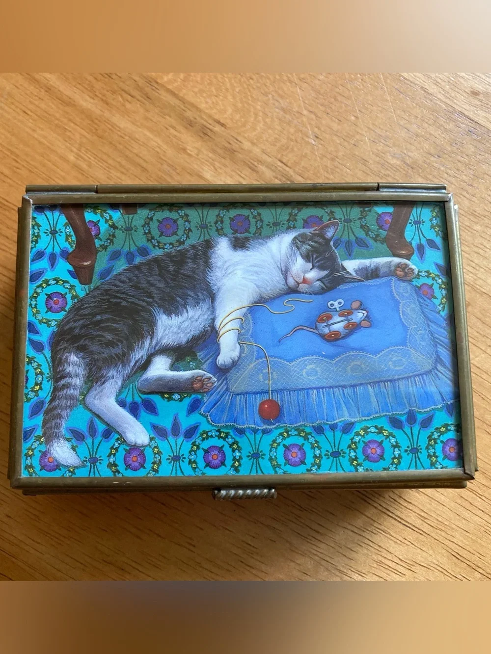 Glass jewelry box with cat illustration
